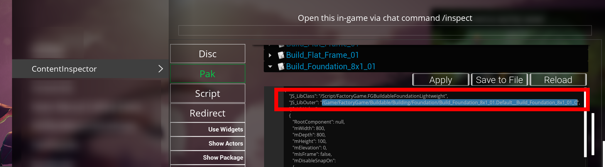 Content Inspector showing the asset path of a building